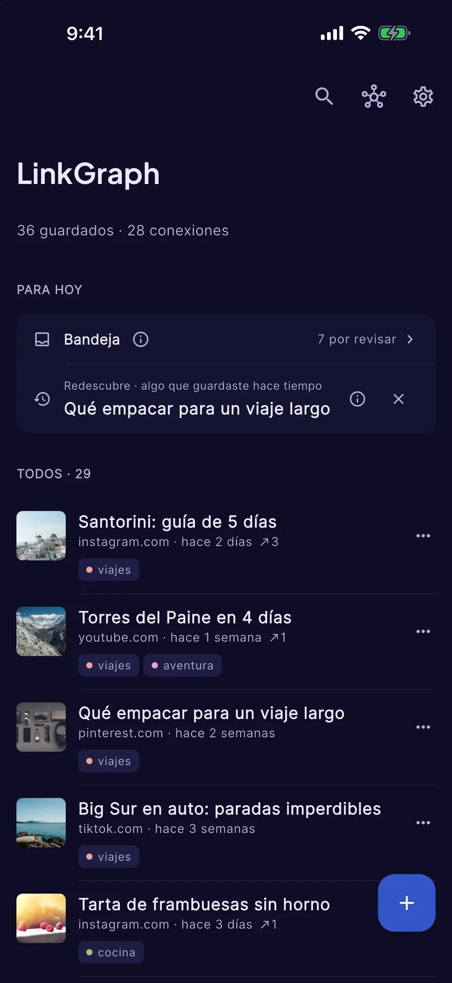 Inicio de LinkGraph con la sección Para hoy y la lista de lo guardado