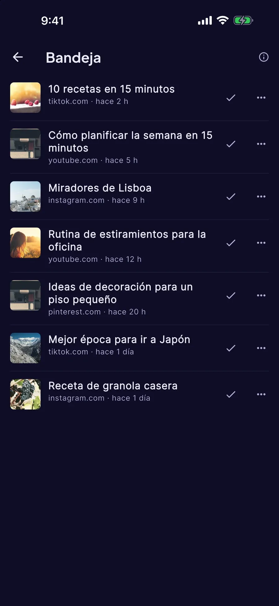 Bandeja de LinkGraph con recetas, guías e ideas guardadas hace poco